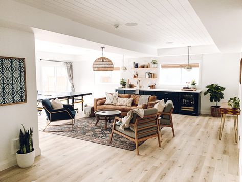 Light Wood Floors Basement, Basement Light Wood Floor, Light Wood Flooring Living Room, Modern Boho Basement, Lvp In Basement, Light Lvp Flooring Living Room, Living Room Light Wood Floor, Scandi Basement, Basement Lvp Flooring