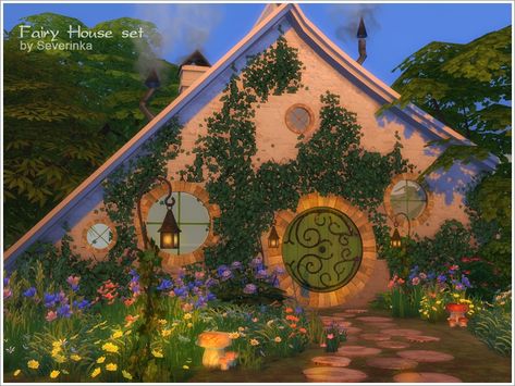 The Sims Resource - Fairy House set Sims 4 Hobbit House, Fairycore House, Design A House, Witch Hut, Fairy Bed, Hobbit Door, Fairy Castle, Sims 4 House Plans, Fairy Furniture