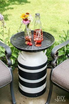 DIY Milk Can Side Table  | Make the Most of a small space | Easy DIY and budget friendly | Repurpose, recycle for a fresh new style Painted Milk Cans, Milk Can Decor, Old Milk Cans, Cheap Patio, Front Porch Decorating, Milk Cans, Kitchen Plans, Patio Decorating, Milk Paint