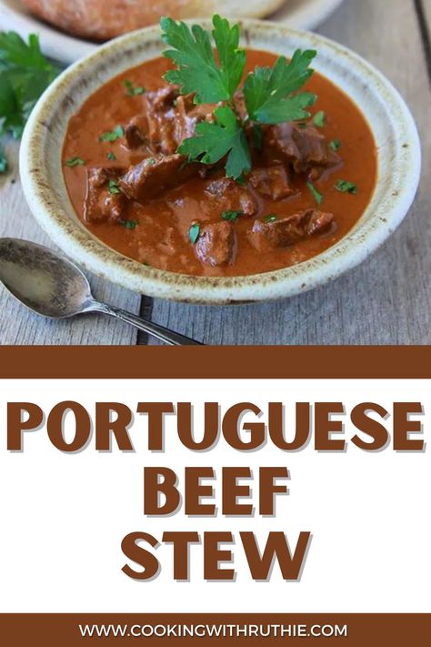 Embark on a culinary journey with Portuguese Beef Stew! Inspired by the flavors of Sintra, Portugal, this stew boasts rich beef, savory spices, and a medley of vegetables. A taste of Portugal in every spoonful. || cookingwithruthie.com #portuguesecuisine #beefstew #globalflavors #cookingwithruthie Portuguese Beef Stew, Portuguese Carne Guisada, Portuguese Stew Recipes, Portuguese Beef Stew Recipe, Portuguese Stew, Portuguese Food Recipes, Portugal Recipes, Portuguese Steak, Basque Recipes