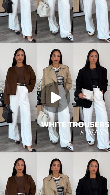 Olivia Miller on Instagram: "8 ways to wear white trousers 🤍 early spring transitional outfits 

Outfits will be linked in my bio (on LTK) and on my stories 🙋🏻‍♀️ white trousers are from @lilysilk 

#springoutfits #casualoutfits #springstyle #whitetrousers #workwearfashion

White trousers, spring outfits, casual outfits, adidas sambas, outfit of the day, chic outfits, classic style, workwear" White Trousers Outfit Fall, White Trousers Outfit Casual, White Trousers Outfit Winter, White Dress Pants Outfit, Trousers Outfit Winter, Outfits Classic Style, White Trousers Outfit, Trousers Outfit Casual, Sambas Outfit