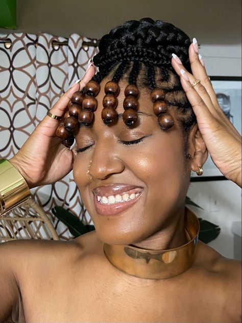 A braided updo with bangs and beads Braids With Bangs And Beads, Cornrows With Bangs, Updo With Bangs, Braid Bangs, Creative Braids, Fringe Braid, Cover Hair, Cornrows Styles, Fantasy Outfits