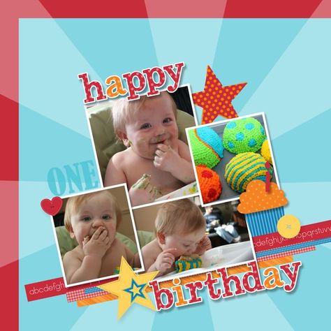 First Birthday Scrapbook Layouts, 1st Birthday Scrapbook Ideas, 1st Birthday Scrapbook Layouts, Photo Layering, Birthday Layout, Birthday Scrapbook Layouts, Colorful Scrapbook, Birthday Scrapbook Pages, Baby Scrapbook Pages