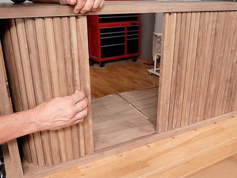 How to Make Tambour Sliding Cabinet Doors A sliding tambour panel door is a flexible sliding door that is made... Dold Dörr, Sliding Cabinet, Sliding Cabinet Doors, Diy Sliding Door, Roller Doors, Kitchen Doors, Diy Cabinets, Diy Door, Cabinet Door