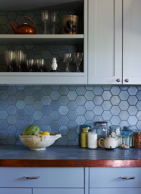 Heath Ceramics hex tile backsplash and counter with copper edge Tagged: Kitchen, Ceramic Tile Backsplashe, White Cabinet, Tile Counter, and Colorful Cabinet.  Photo 10 of 26 in 25 Backsplash Ideas For Your Kitchen Renovation Cozy Townhouse, Blue Backsplash Kitchen, Contemporary Kitchen Backsplash, Modern Kitchen Counters, Heath Tile, Artful Interiors, Hexagonal Tiles, Modern Kitchen Backsplash, Trendy Kitchen Tile