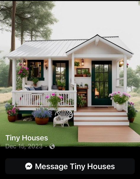 Shed Cottage Interiors, Tiny House Inspiration Exterior, Mini House Shed, Mini Home Exterior, Boho Cottage Exterior, Tiny House Design 2 Bedroom, Small Cottage Homes Plans, Cute Bungalow, Eclectic Apartment Decor