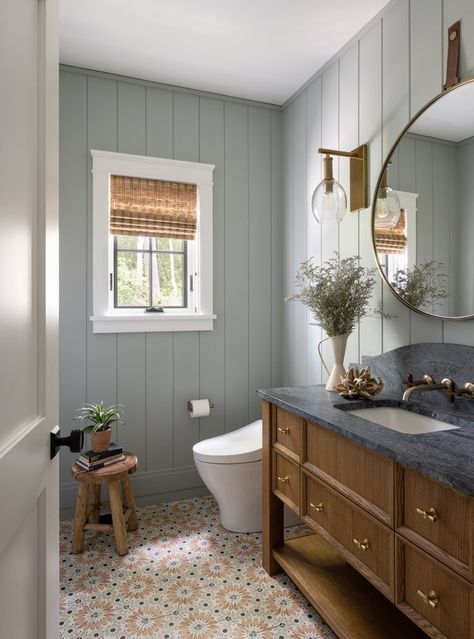 Beacon Ave — Holly Gagne Full Wall Paneling Bathroom, Tan Shiplap Bathroom, Guest Bathroom Tile Wall, Upward Sherwin Williams Bathroom, Wood Paneled Bathroom, Wainscoting Bathroom Ideas, Bead Board Bathroom Walls, Green Ceiling Bathroom, Horizontal Shiplap Bathroom