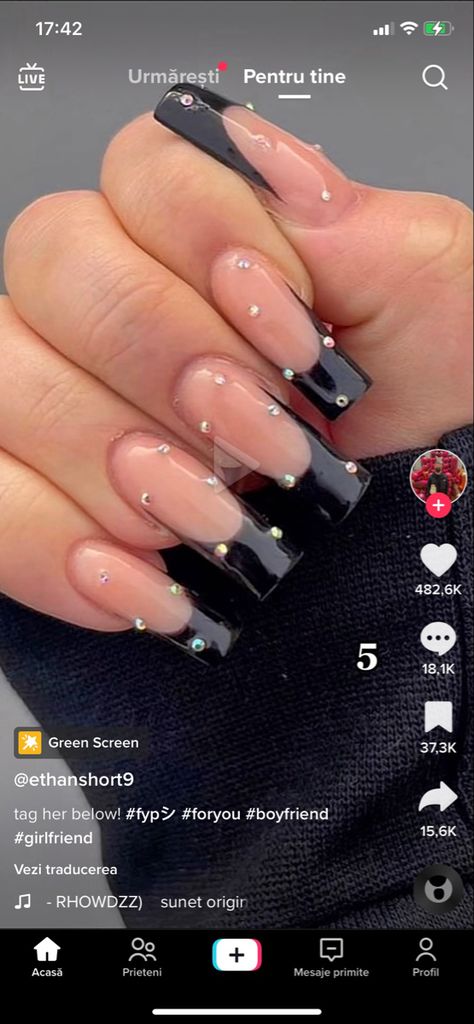 Black French With Diamonds, Black And Diamond Nails, Black French Tips With Rhinestones, Black French Tip Nails With Rhinestones, French Nails With Diamonds, Black Diamond Nails, Mexico Nails, Black French Nails, Black French Tip