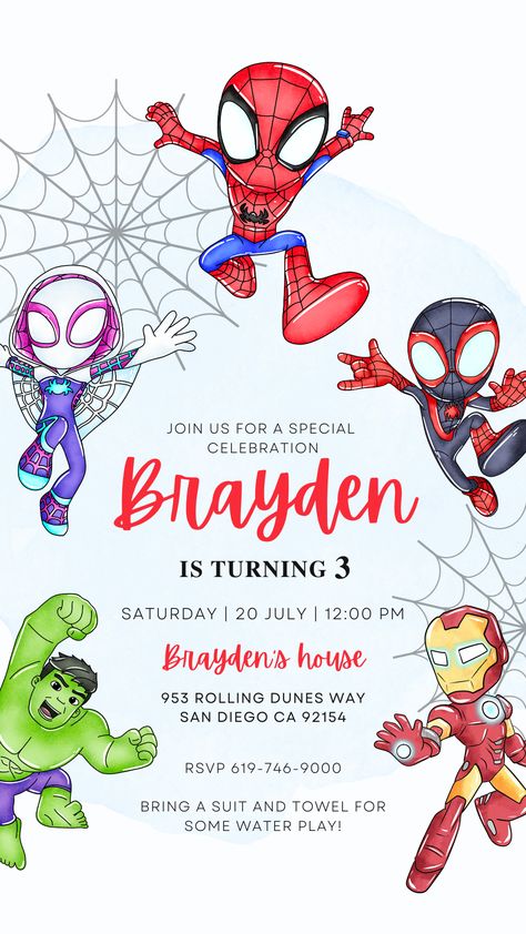 Spidey Party Invitation, Spiderman Bday Party Ideas, Spider Man 2nd Birthday Party Ideas, Spidey 3rd Birthday Party, Spiderman 3rd Birthday Party, Spiderman 3rd Birthday, Spider Man Party Ideas, Spiderman Birthday Ideas, Spidey Birthday Party