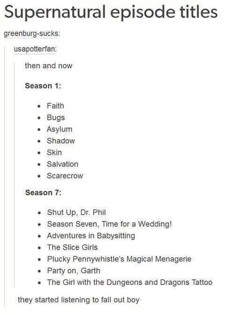 Supernatural Title, Adventures In Babysitting, Supernatural Episodes, Jrr Tolkien, Supernatural Fandom, Fall Out Boy, Superwholock, Shut Up, Scarecrow