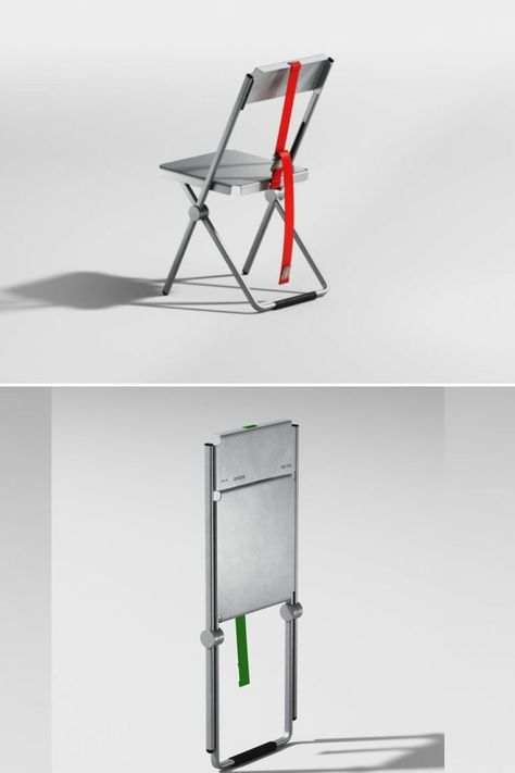 Tekron Chair by Acasso Folds and Unfolds With a Lifting Strap Folding Mechanism Design, Metal Chair Design, Folding Chair Design, Fold Chair, Compact Chair, Steel Furniture Design, Foldable Chair, Folding Mechanism, Metal Folding Chairs