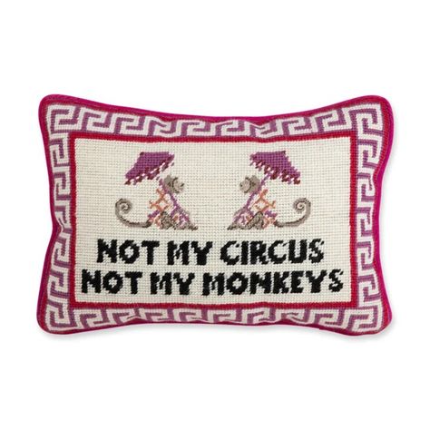 This novelty rectangular toss pillow with its clever message is a Furbish exclusive. The greek key border and charming monkeys with parasols will add a whimsical touch to your decor. Makes a great gift. Monkey Pillow, Not Worth It, Furbish Studio, Not My Circus, Hooked Pillow, Needlepoint Pillow, Greek Key Pattern, Needlepoint Pillows, Small Pillows