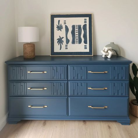 Revamped dresser. Painted Blue and added details for character Blue Dresser, Dressers Makeover, Good Bones, Old Dressers, Repurposed Furniture, My Son, Painted Furniture, Bones, Dresser