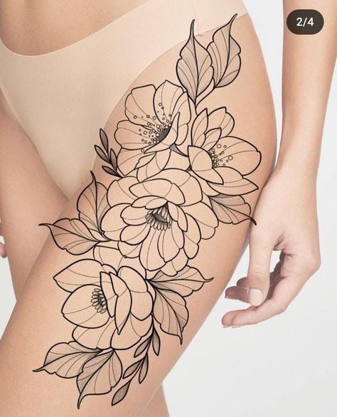 Linework Flowers, Tattoo Bein Frau, Arm Tattoos Lettering, Floral Thigh Tattoos, Flower Thigh Tattoos, Flower Tattoo Drawings, Rose Tattoos For Women, Tattoo Floral, Dragon Tattoo For Women