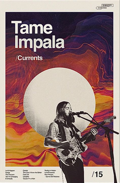 Tame Impala Poster Vintage, Spotify Poster Design, Vintage Movie Posters Aesthetic, Tame Impala Wallpaper, House Music Aesthetic, Tame Impala Aesthetic, Tame Impala Poster, Music Poster Vintage, Graphic Design Portfolio Book