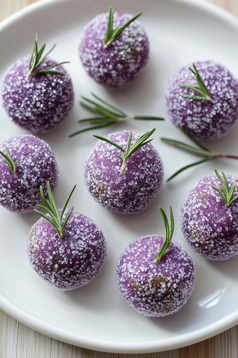 Lavender Sugarplums Lavender Party Food, Nutcracker Themed Party Food, Purple Appetizers, Purple Food Ideas Snacks, Purple Foods For Party, Winter Themed Food, Classic Christmas Dessert Recipes, Purple Party Foods, Lavender Desserts