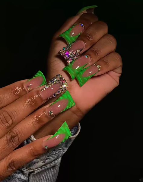 Short Green Duck Nails, Junky Duck Nail, Short But Extra Nails, Lime Green Duck Nails, Duck Nails Green, Curved Duck Nails, Green Short Nails Ideas, Green Duck Nails, Duck Tip Acrylic Nails