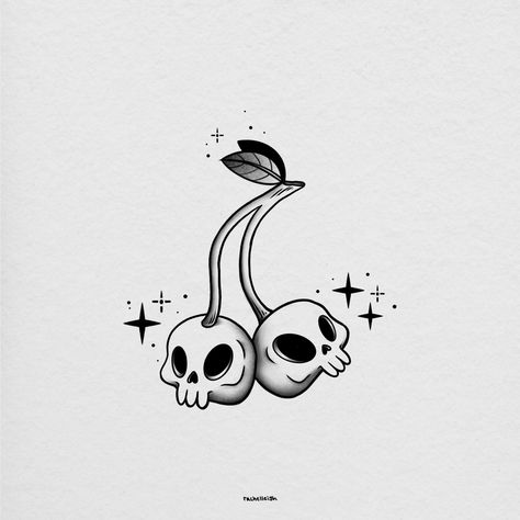 A simple black and white cherry and skill tattoo design with sparkles and stars. Cherry Skull Tattoo Design, Dark Cute Tattoos, Goth Cherry Tattoo, Tiny Goth Tattoo, Small Skull Tattoo For Women, Cute Grim Reaper Tattoo, Skull Cherries Tattoo, Little Skull Tattoo, Skull Art Simple