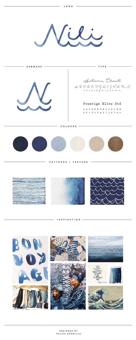 Branding design for Nili, an indigo-dyed line of products inspired by the sea made in the Philippines. Sea Typography Design, Ocean Branding Design, Nautical Branding Design, Marine Graphic Design, Swimsuit Branding Design, Branding Design Restaurant, Coastal Branding Design, Coastal Graphic Design, Sea Poster Design