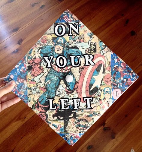 Marvel graduation cap Marvel Graduation Cap, Marvel Graduation Cap Ideas, Graduation Countdown, Graduation Cap Designs College, Graduation Topper, Disney Graduation Cap, Funny Graduation Caps, Creative Graduation Caps, Graduation Cap Ideas