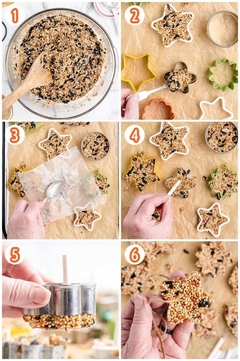 Birdseed Party Favors, Fall Bird Feeder Craft, Toddler Bird Feeder Craft, Diy Bird Seed Feeders, Homemade Birdseed Ornaments, Birdseed Ornaments Recipe Peanut Butter, Peanut Butter Bird Seed Ornaments, Pinecone Bird Feeder Kids, Kids Bird Feeder Crafts