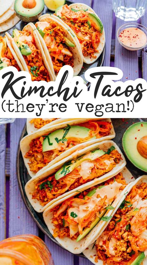 Looking for an easy, Asian-inspired taco recipe sure to please your tastebuds and leave your stomach feeling nice and full? These Kimchi Tempeh Tacos will do just that. They're totally delicious and require just 20 minutes! #tacos #tacotuesday #kimchi #tempeh #vegan #vegetarian #glutenfree Tacos Vegetarian, Tempeh Tacos, Vegan Kimchi, Healthy Vegetarian Dinner, Easy Vegetarian Dinner, Vegetarian Tacos, Kimchi Recipe, Taco Recipe, Vegetarian Sandwich