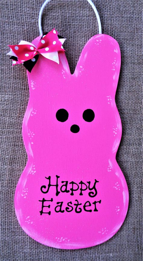 Glittered HAPPY EASTER RABBIT Bunny Door Sign Wall Art Hanger Plaque Spring Decor Handcrafted Hand Painted Hand Lettered Wood Wooden Wood Rabbit, Spring Bow, Art Hanger, Easter Happy, Wooden Wreaths, Happy Easter Bunny, Outdoor Display, Easter Peeps, Pink Easter