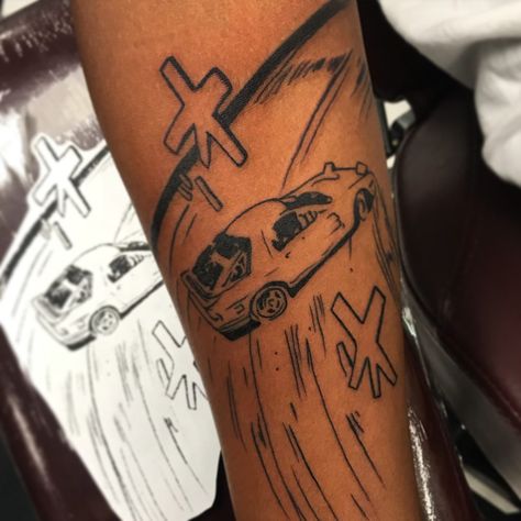 Street Racing Tattoos, 240sx Tattoo, Initial D Tattoo Ideas, Initial D Tattoo Anime, Miata Tattoo Ideas, Tokyo Drift Tattoo, Mx5 Tattoo, Rx7 Tattoo, Jdm Car Tattoo