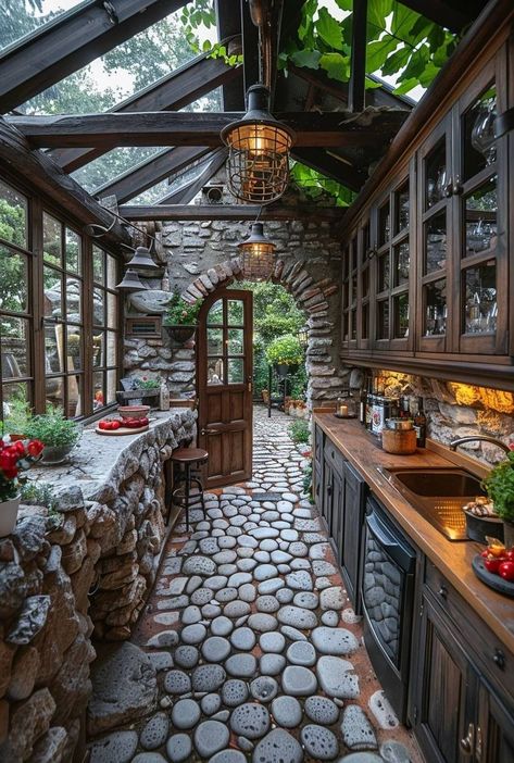 Greenhouse Kitchen, Modern House Design Interior, Rustic Home Design, Stone Walls, Stone Cottage, Fantasy House, Off Grid Living, Sims House, House Goals