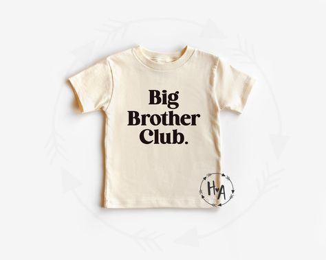 "'BIG BROTHER CLUB' SHIRT: Great for sibling announcements, makes a sweet gift, and perfect for wearing anytime he wants! COLOR OPTIONS: * Heather Olive tee with white vinyl font.  * Natural color tee with black vinyl font. * Denim Blue tee with white vinyl font.  * Blue and Green Stripe tee with blue vinyl font. * Heather Charcoal Gray color tee with white vinyl font. * Light Brown tee with white vinyl font. * Black tee with white vinyl font. HOW TO ORDER: * Select A Color + Size - size chart i Big Sister Announcement Shirt, Big Brother Announcement Shirt, Matching Sibling Shirts, Big Brother Announcement, Sister Announcement, Big Sister Announcement, Cute Bodysuits, Big Brother Tshirt, Baby Announcement Shirts