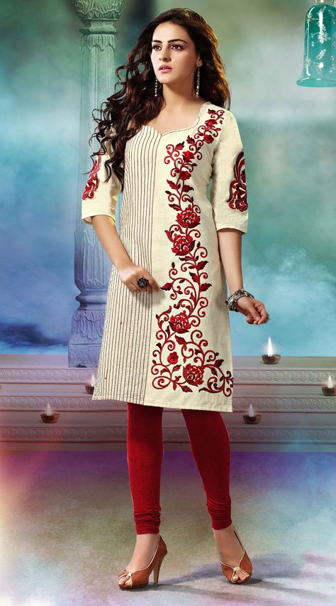 Classy cream khadi cotton kurti which is adorned with resham and embroidery work. This readymade Kurti comes in bust size 40 and 44 inches. Legging can be purchased additionally. They are not a part of this kurti. Front Zip Kurti Designs, Khadi Cotton Kurti, Khadi Kurti, Simple Suits, Shalwar Suit, Designer Kurtis Online, Embroidered Kurti, Gaun Fashion, Fancy Kurti