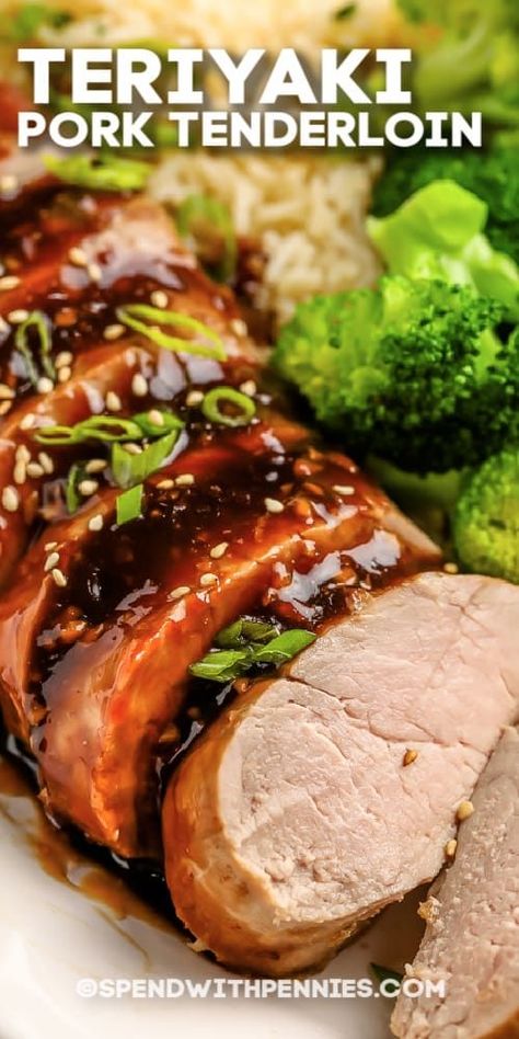 Tasty teriyaki pork tenderloin is an entree that's always a hit. Tender slices of pork drizzled with zesty homemade teriyaki? Yes please! #spendwithpennies #teriyakiporktenderloin #entree #recipe #baked #best #easy #tenderloin #oven #marinade Pork Loin Recipes Oven, Teriyaki Pork Tenderloin, Pork Tenderloin Marinade, Pork Tenderloin Oven, Baked Pork Tenderloin, Pork Loin Roast Recipes, Teriyaki Pork, Pork Entrees, Crockpot Healthy