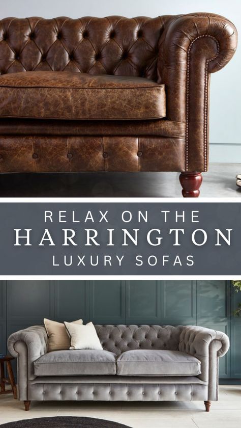 Discover the timeless elegance of the Harrington Range, featuring stunning Chesterfield sofas with deep buttoned backs and hand-finished stud details. Choose from luxurious materials like modern crushed velvets, traditional herringbone, and soft linens to create the perfect sofa for your space. Available in various sizes, from stylish armchairs to grand four-seater sofas, each piece is handmade in the UK, showcasing exquisite British craftsmanship. Black Chesterfield Sofa, Chesterfield Sofa Living Room, Modern Chesterfield Sofa, Chesterfield Living Room, Modern Fabric Sofa, Bedroom Design Trends, Luxury Sofas, Luxury Sofa Design, Perfect Sofa