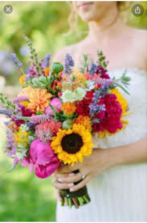 Larkspur Wedding Bouquet, Bright Wedding Colors, Church Wedding Flowers, Bright Wedding Flowers, Sunflower Wedding Bouquet, Colorful Wedding Flowers, Summer Wedding Decorations, Boda Mexicana, Rainbow Wedding