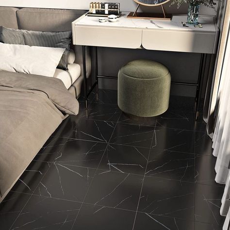 Floor Tiles Peel And Stick, Marble Vinyl Flooring, Tiles For Floor, Sticky Tile, Tiles Bedroom, Self Adhesive Backsplash, Black Tile Bathrooms, Vinyl Flooring Bathroom, Tile Floor Living Room