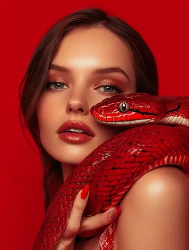 ↑↑↑ Larger size on website 🔸 A young woman with long brown hair is posing with a red snake wrapped around her shoulder. She has o Snake Photoshoot, Woman With Snake, Snake Reference, Snake Photography, Neutral Expression, Modern Gods, Mary Phillips, Snake Photos, Snake Girl