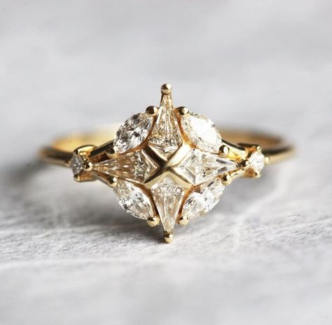 Marquise Cut Diamond Engagement Rings, Geometric Diamond Ring, 18k Gold Engagement Ring, Diamond Cluster Engagement Ring, Unique Diamond Engagement Rings, Ring Inspo, Geometric Diamond, Unique Diamonds, Deco Ring