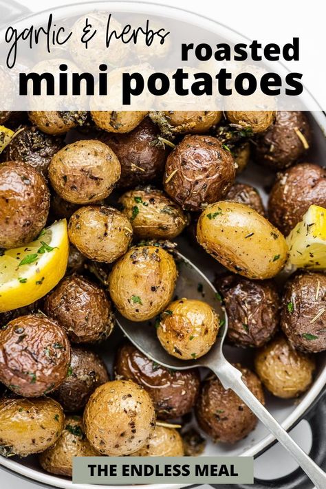 Don't let their size fool you! These roasted mini potatoes may be small but they're bursting with the flavors of fresh herbs, garlic, and a hint of lemon. They're golden and crispy on the outside with a soft center, making them the perfect easy side dish the whole family will love. These roasted mini potatoes recipe require minimal effort but yield excellent results. Whole Roasted Potatoes, Sausage And Mini Potatoes, Greek Mini Potatoes, Best Roasted Mini Potatoes, Roasting Mini Potatoes In Oven, How To Make Mini Potatoes, Mini Medley Potatoes Recipes, Garlic Mini Potatoes, Mini Potato Recipe Stove Top