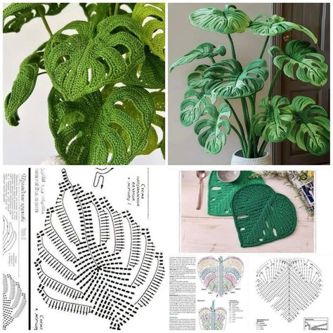 Monstera Crochet, Crochet Garden, Crochet Leaf Patterns, Pola Amigurumi, Crochet Plant, Crochet Leaves, Crochet Flower Tutorial, Crochet Flower Patterns, Crochet Diagram