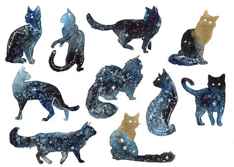 Galaxy Cats by ThreeLeaves.deviantart.com on @DeviantArt Galaxy Cat, Cat Tattoo Designs, Watercolor Galaxy, Galaxy Art, Arte Animal, Dog Tattoos, 판타지 아트, Cat Tattoo, Cat Drawing