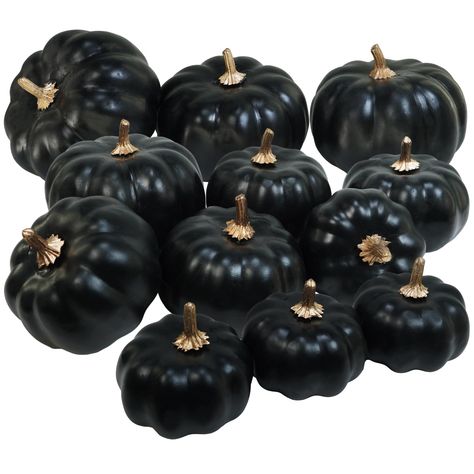 PRICES MAY VARY. Quanlity: This package includes 12 artificial black pumpkins in three different sizes, with four pumpkins in each size. Enhance your fall decor with this collection of assorted small black pumpkins. Pair them with your Halloween decorations for a spooky ambiance or use them to add a touch of elegance to your Thanksgiving, fall wedding, autumn parties, and other special events. Color: The black faux pumpkin, accented with a gold stem, exudes an air of elegance and mystery. Its re Black Pumpkins, Pumpkins For Halloween, Fall Tabletop Decor, Halloween Party Table, Fake Pumpkins, Party Table Centerpieces, Artificial Pumpkins, Foam Pumpkins, Black Pumpkin