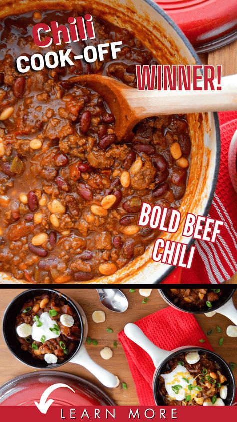 🏆🌶️ 1st place Winner of a Chili Cook-Off! 🌶️🏆 Get ready to spice up your taste buds with our award-winning Bold Beef Chili! Packed with mouthwatering chunks of tender beef, ground beef and warm smoky spices, and secret ingredients. This beefy chili is a flavor explosion you won't forget. Perfectly balanced heat and savory goodness in every spoonful! It's a must try! The family will even love it cause it's flavorful yet, not too sweet and not too spicy. 🔥🥩 via @wholemadeliving Chili Cook Off Winner, Winning Chili Recipes, Award Winning Chili Recipe, Award Winning Chili, Spicy Chili Recipe, Stews Recipes, Ground Beef Chili, Chili Chili, Beef Chili Recipe