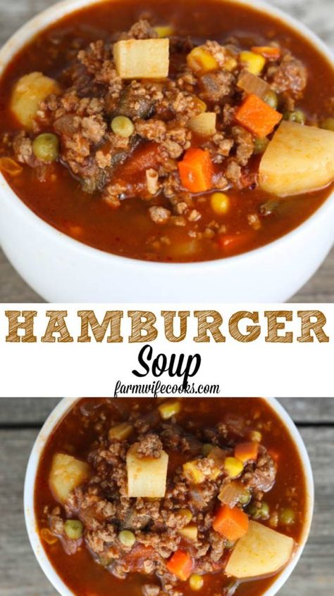 Hamburger Soup is a quick and easy meal idea packed with vegetables, ground beef, beef broth and tomato juice. Hamburger Soup uses ingredients you probably already have at home and it freezes well! #souprecipe #easyrecipe Blender Soups, Hamburger Vegetable Soup, Beef Soup Recipes, Soup With Ground Beef, Hamburger Soup, Vegetable Beef Soup, Soup Recipes Slow Cooker, Beef Soup, Minced Meat