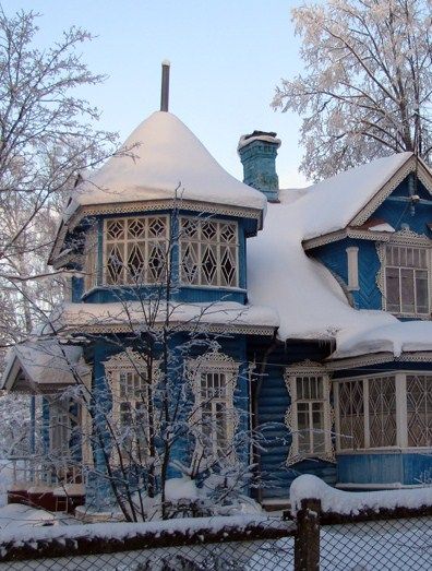 Russian wooden dacha (a kind of a holiday house) in winter. #Russian #wooden… Russian House Exterior, Old Russian House, Dacha House, Russian Dacha, Russian Home, Russian Houses, House In Winter, Russian House, Wooden Architecture