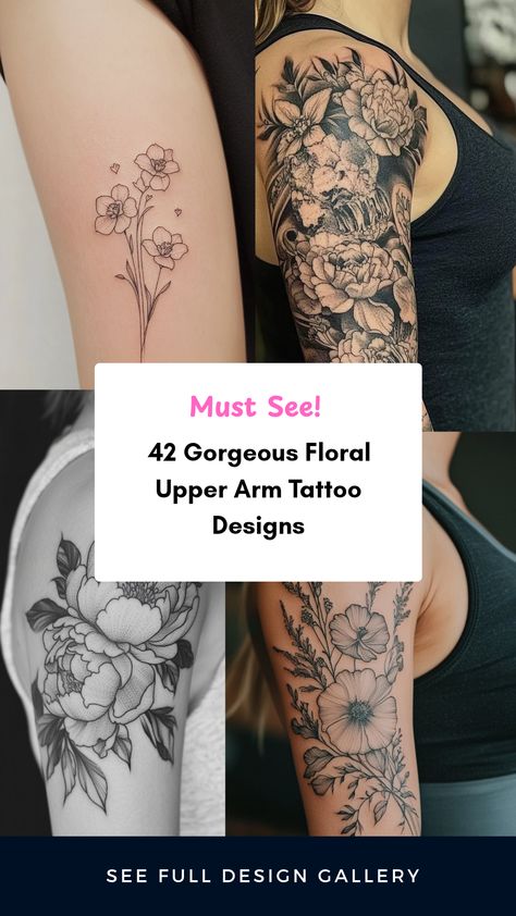 Explore 42 beautiful floral upper arm tattoo ideas for women. This pin features artistic designs perfect for expressing individuality and femininity with stunning flower tattoos. Large Forearm Tattoo Women, Upper Arm Tats For Women, Delicate Arm Tattoos For Women, Upper Arm Tattoos For Women Meaningful, Arm Tattoo Placement Women, Wrap Around Arm Tattoo For Women, Floral Upper Arm Tattoo, Flower Arm Tattoos For Women, Upper Arm Tattoo Ideas