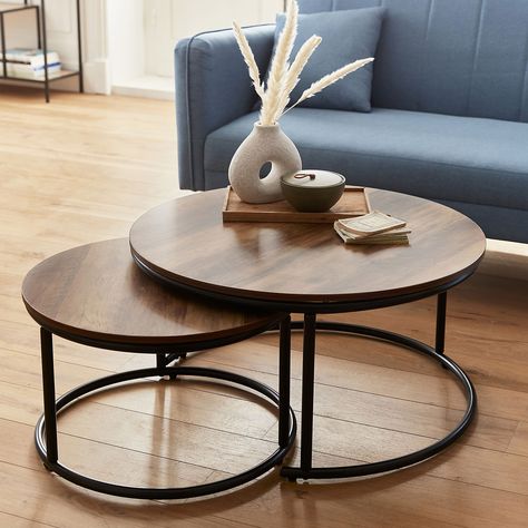 Pair of round metal and wood-effect nesting coffee tables 77x40x57cm - Loft Cosy Living Room, Nesting Coffee Tables, Design Simple, Decoration Table, Leroy Merlin, Kitchen Design, Loft, Coffee Table, Living Room