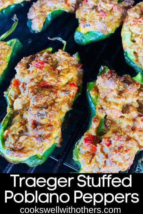 stuffed peppers on a smoker Grilled Stuffed Peppers, Traeger Cooking, Poblano Peppers Recipes, Pellet Smoker Recipes, Traeger Grill Recipes, Poblano Peppers, Traeger Recipes, Pellet Grill Recipes, Smoked Cooking