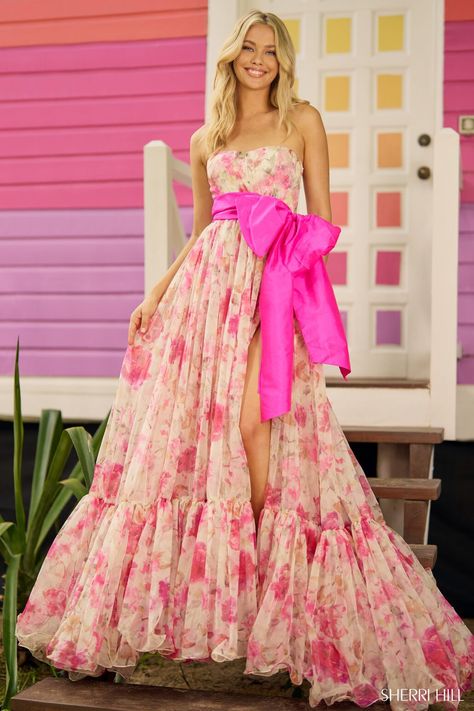 Buy dress style № 56110 designed by SherriHill Floral Ball Gown, Strapless Organza, Engagement Photo Dress, Floral Print Gowns, Princess Sleeves, Organza Skirt, Sherri Hill Prom Dresses, Prom Dress Stores, Printed Gowns