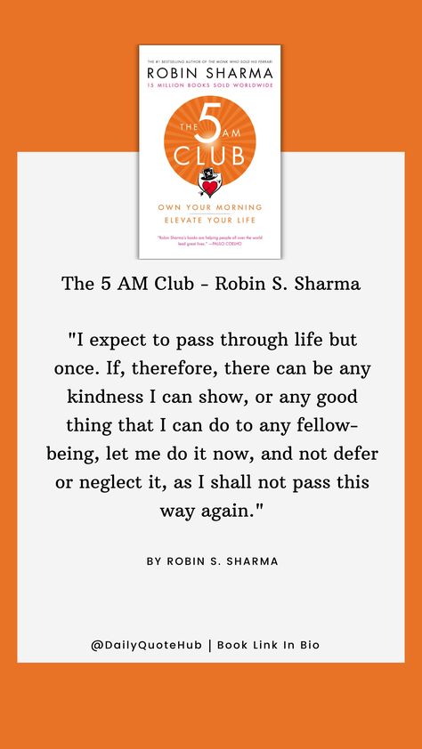 "The 5 AM Club" by Robin S. Sharma promotes waking up at 5 AM to maximize productivity and personal growth. Key concepts include a morning routine of exercise, reflection, and growth to enhance success and well-being. #Quote #The5AMClub #RobinSSharma #MorningRoutine #Productivity #PersonalGrowth #Success #EarlyRiser 5 Am Club Quotes, The 5 Am Club, 5 Am Club, Club Quotes, Club Quote, Rich Quotes, 5am Club, Am Club, A Morning Routine