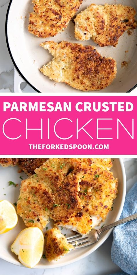 This Parmesan Crusted Chicken is made with thinly sliced chicken breast cutlets that are dredged in a delicious parmesan and panko bread crumb coating and pan-fried until perfectly crisp and golden brown. Easy to prepare and full of flavor, the whole family will love this amazing low-carb chicken recipe. Dredged Chicken Recipes, Recipes For Thinly Sliced Chicken Breast, Healthy Parmesan Crusted Chicken, Recipes With Bread Crumbs, Thinly Sliced Chicken Breast Recipes, Garlic Parmesan Crusted Chicken, Sliced Chicken Breast Recipes, Chicken Breast Cutlets, Easy Parmesan Crusted Chicken